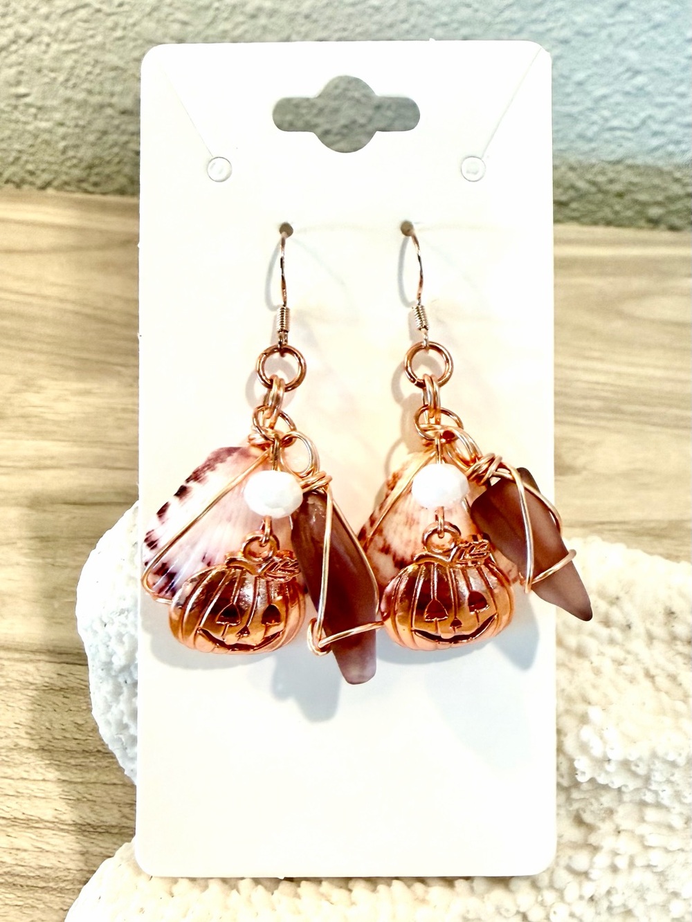 61. Rose Gold Pumpkin Charm Dangle Earrings with burgundy sea glass
